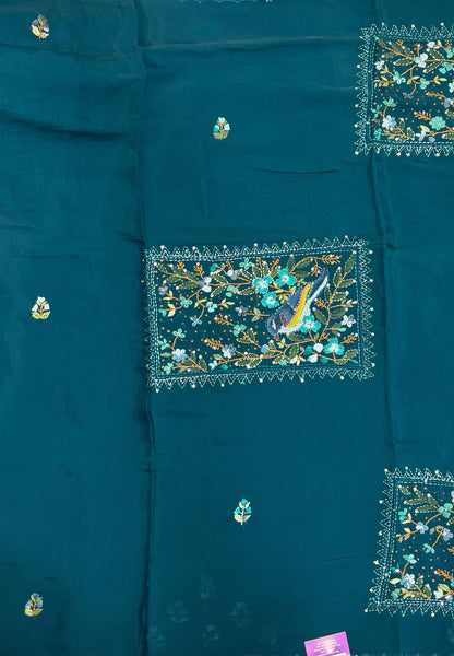 Muslin Saree-Peacock Green In Parrot Motif Border