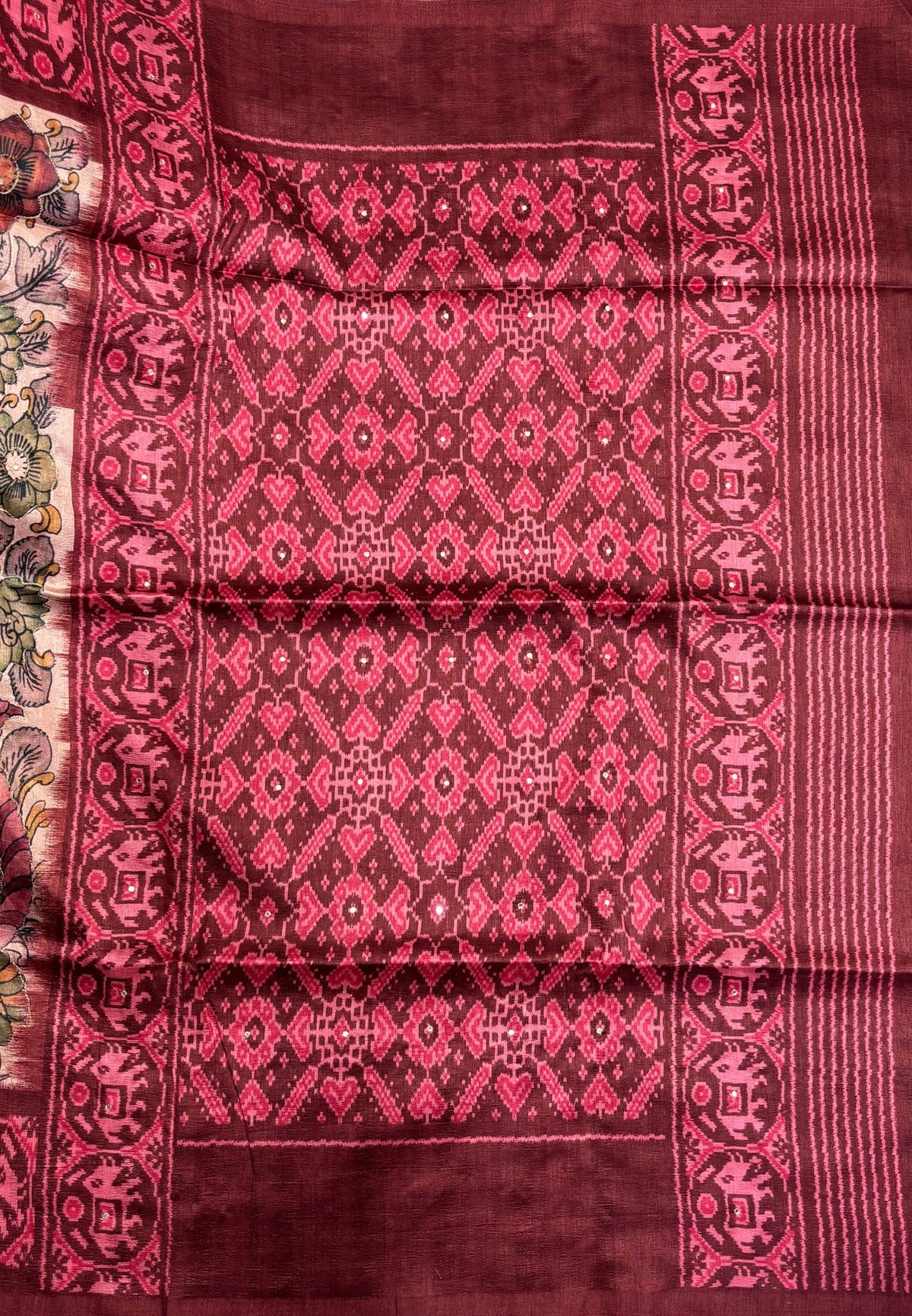 Pashmina Tussar Saree-Maroon in Kalamkari Floral & Peacock Border