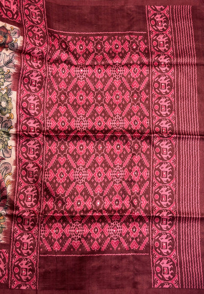 Pashmina Tussar Saree-Maroon in Kalamkari Floral & Peacock Border