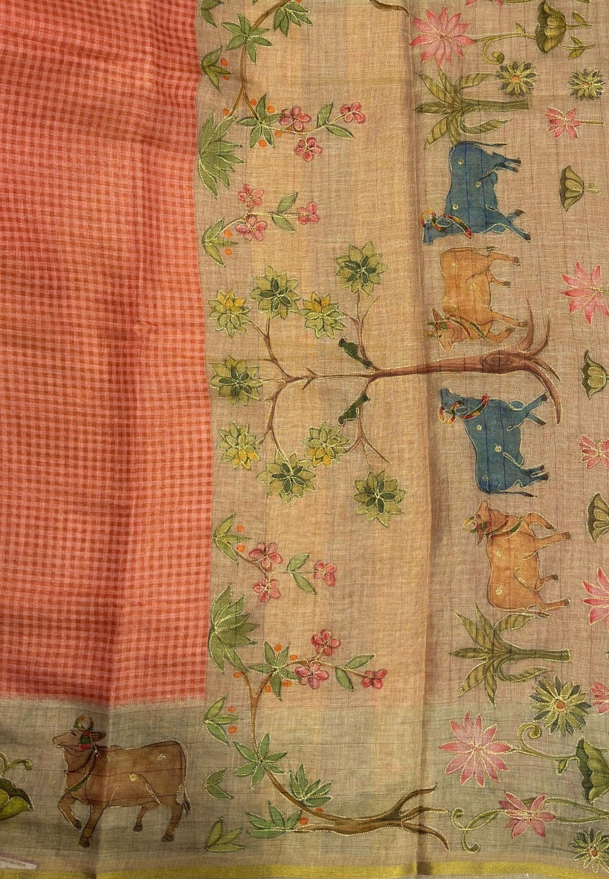 Tissue Linen Saree-Orange in Pichwai Art Printed Border