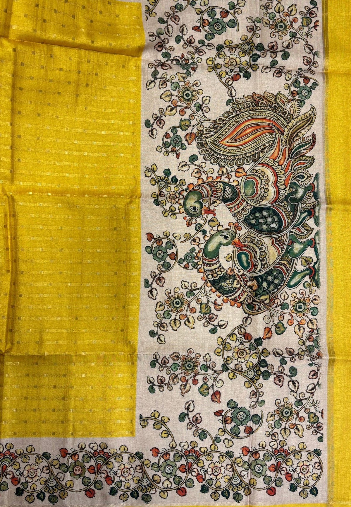 Semi Tussar Saree-Yellow in Kalamkari Peacock Floral Border