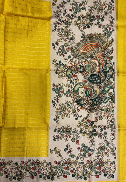 Semi Tussar Saree-Yellow in Kalamkari Peacock Floral Border