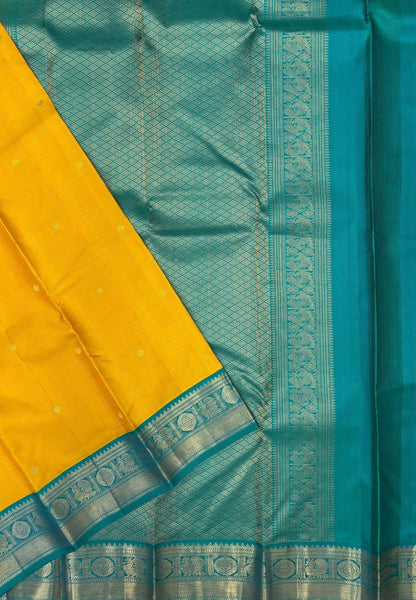 Pure Kanchipuram Silk Saree-Yellow In Floral Medallion Zari With Contrast Border