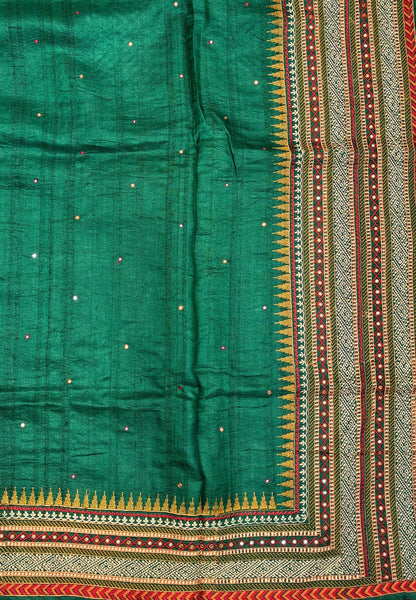 Pure Jute Silk Saree-Green In Tower Embroidery Border