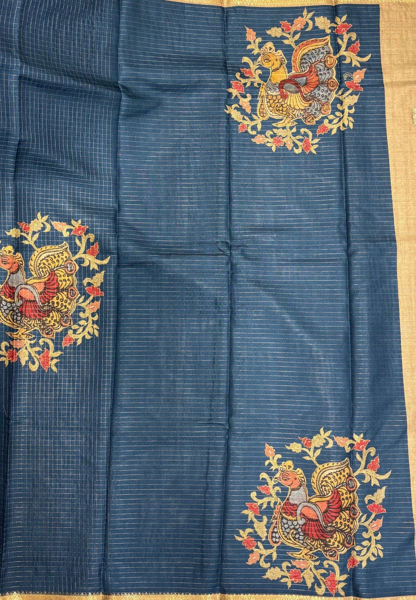 Soft Tussar Saree-Peacock Blue In Kalamkari Peacock Border
