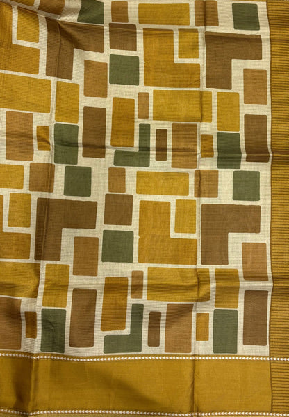 Tussar Saree-Mustard in Geometric 3D Square Pattern Border