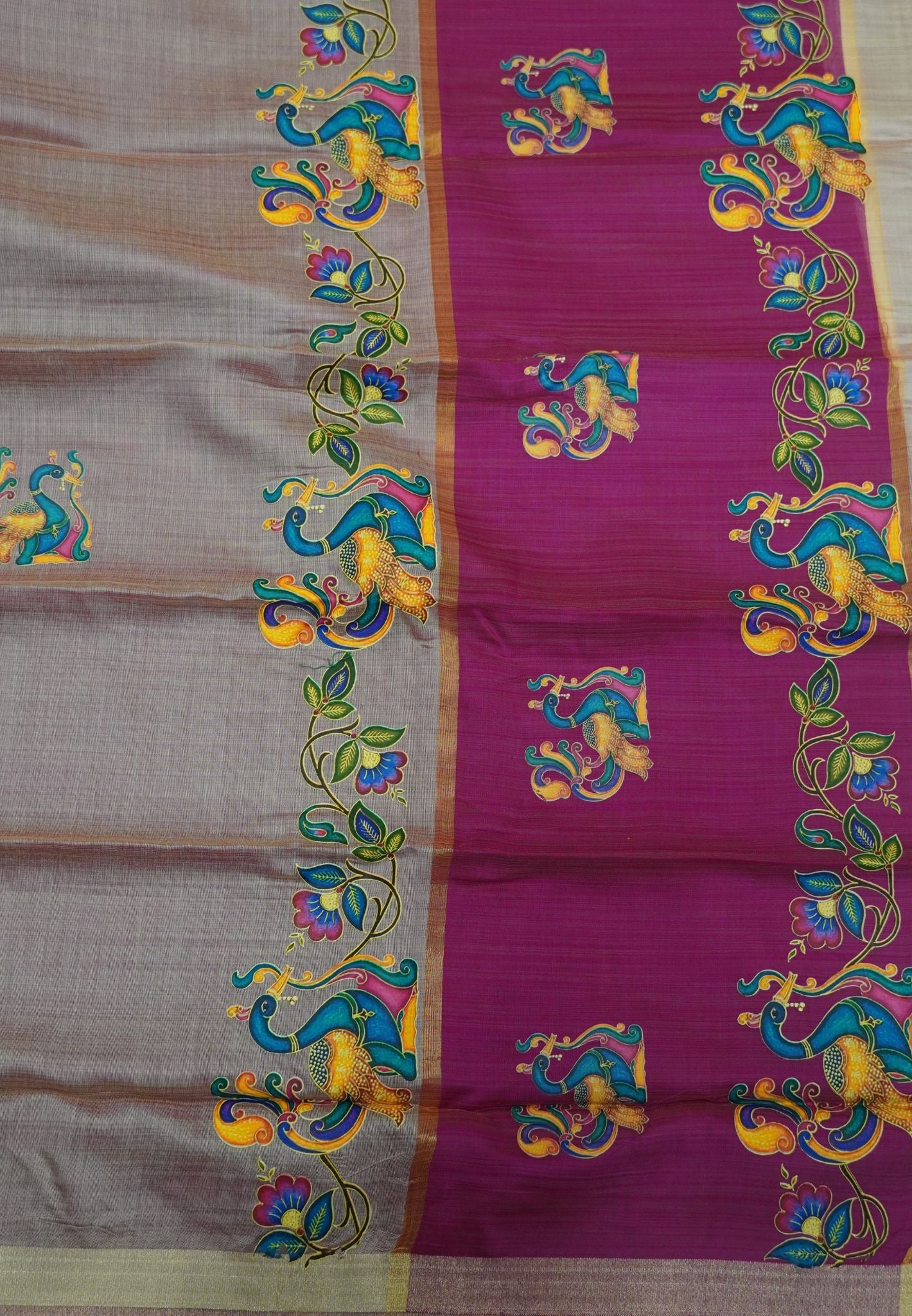 Cora Linen Saree-Grey with Tanjore Print