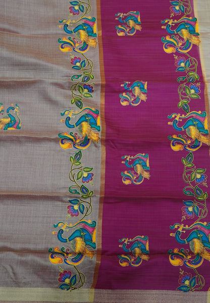 Cora Linen Saree-Grey with Tanjore Print