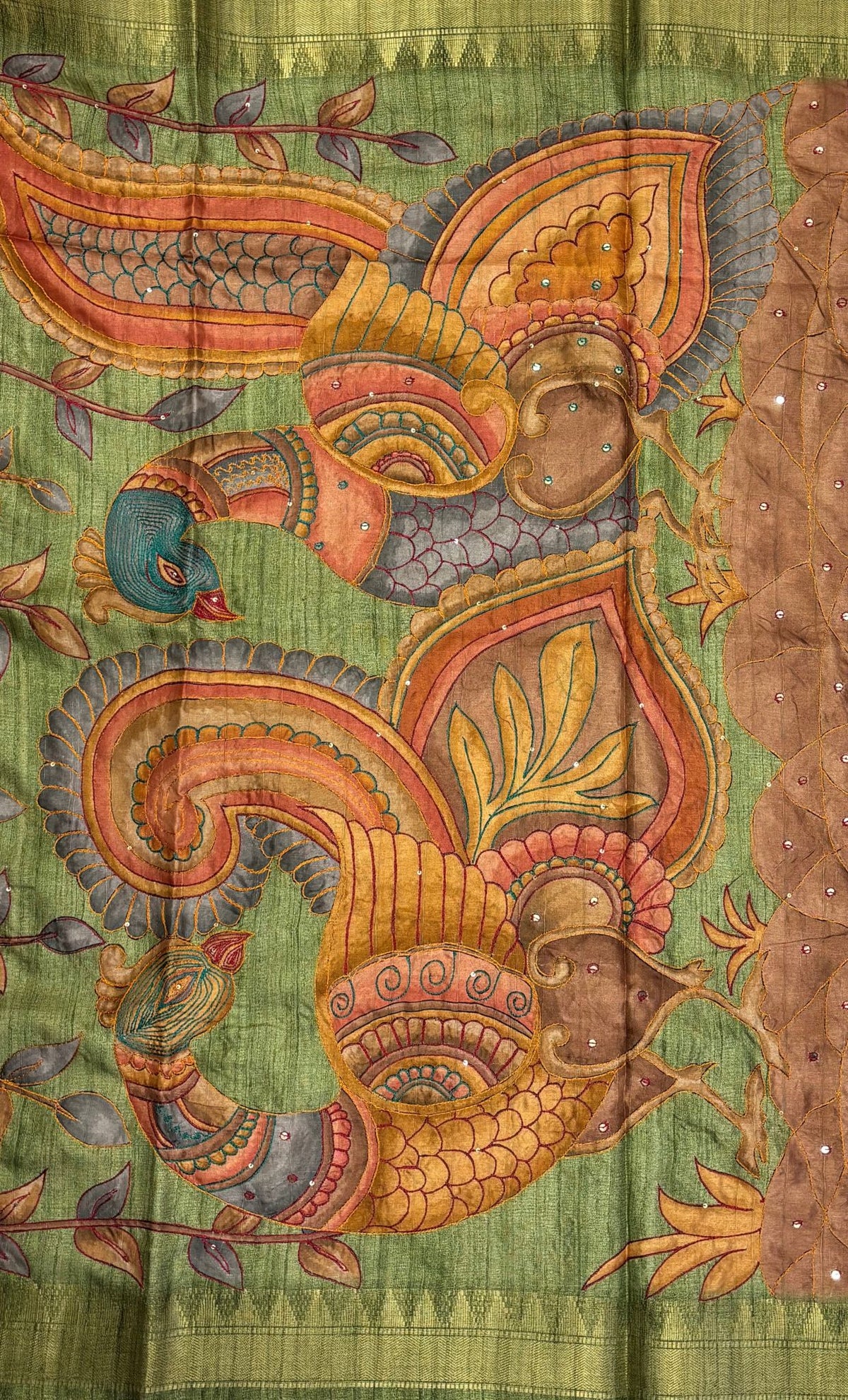 Semi Tussar Saree-Green In Twin Peacock