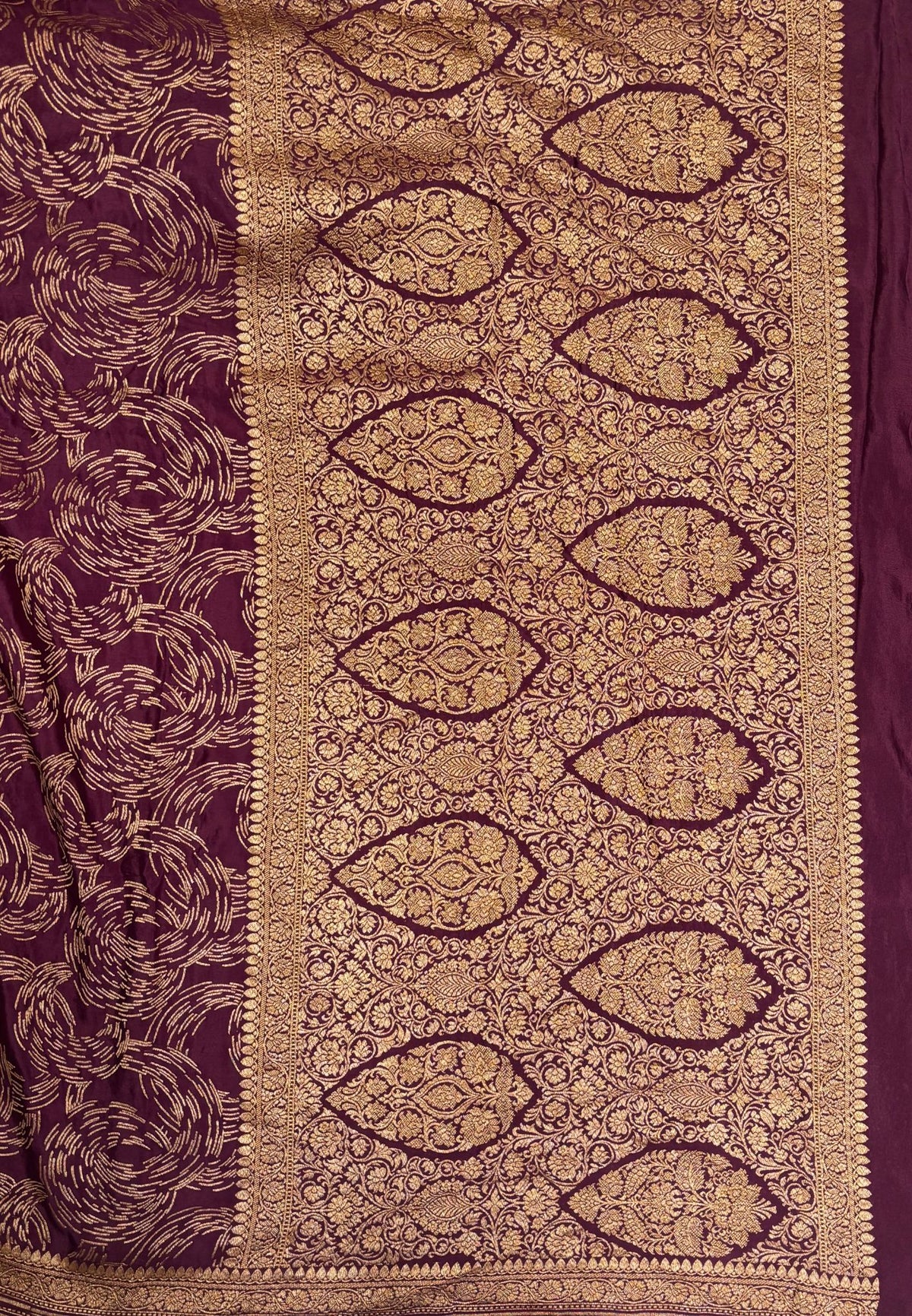 Pure Banarasi Kaddi Georgette Saree-Maroon In Paisley Floral Jaal Zari Border
