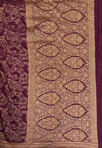 Pure Banarasi Kaddi Georgette Saree-Maroon In Paisley Floral Jaal Zari Border