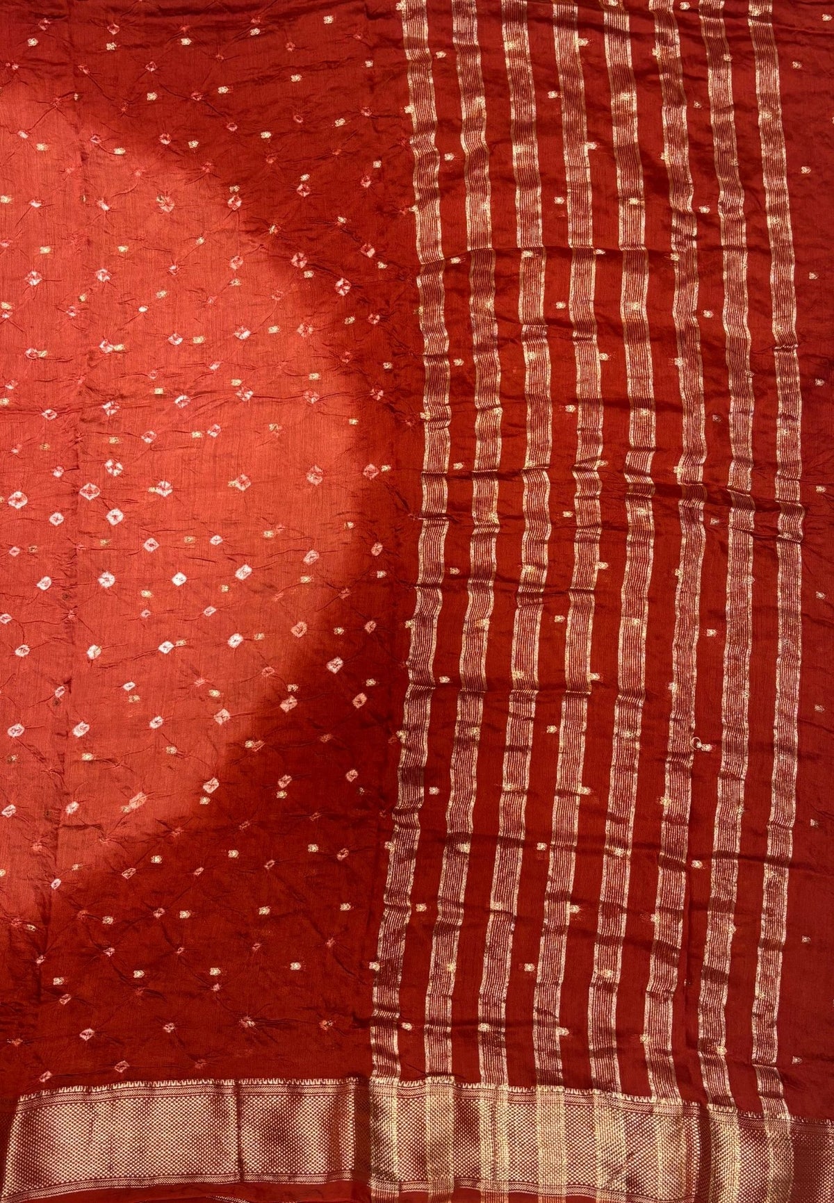 Banarasi Bandeji Saree-Rust Orange in Horizontal Stripe Zari Border