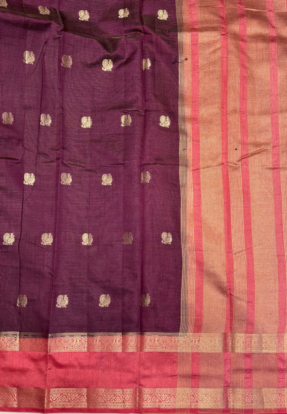 Semi Tussar Saree-Wine  in Traditional Floral Zari Stripe with Contrast Border