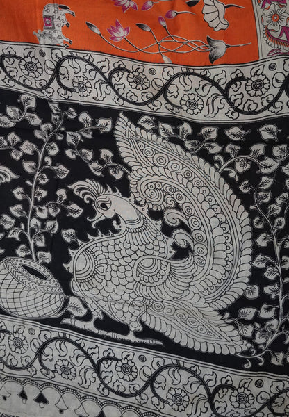 Kalamkari Cotton Saree – Traditional Art Inspired Design – Orange