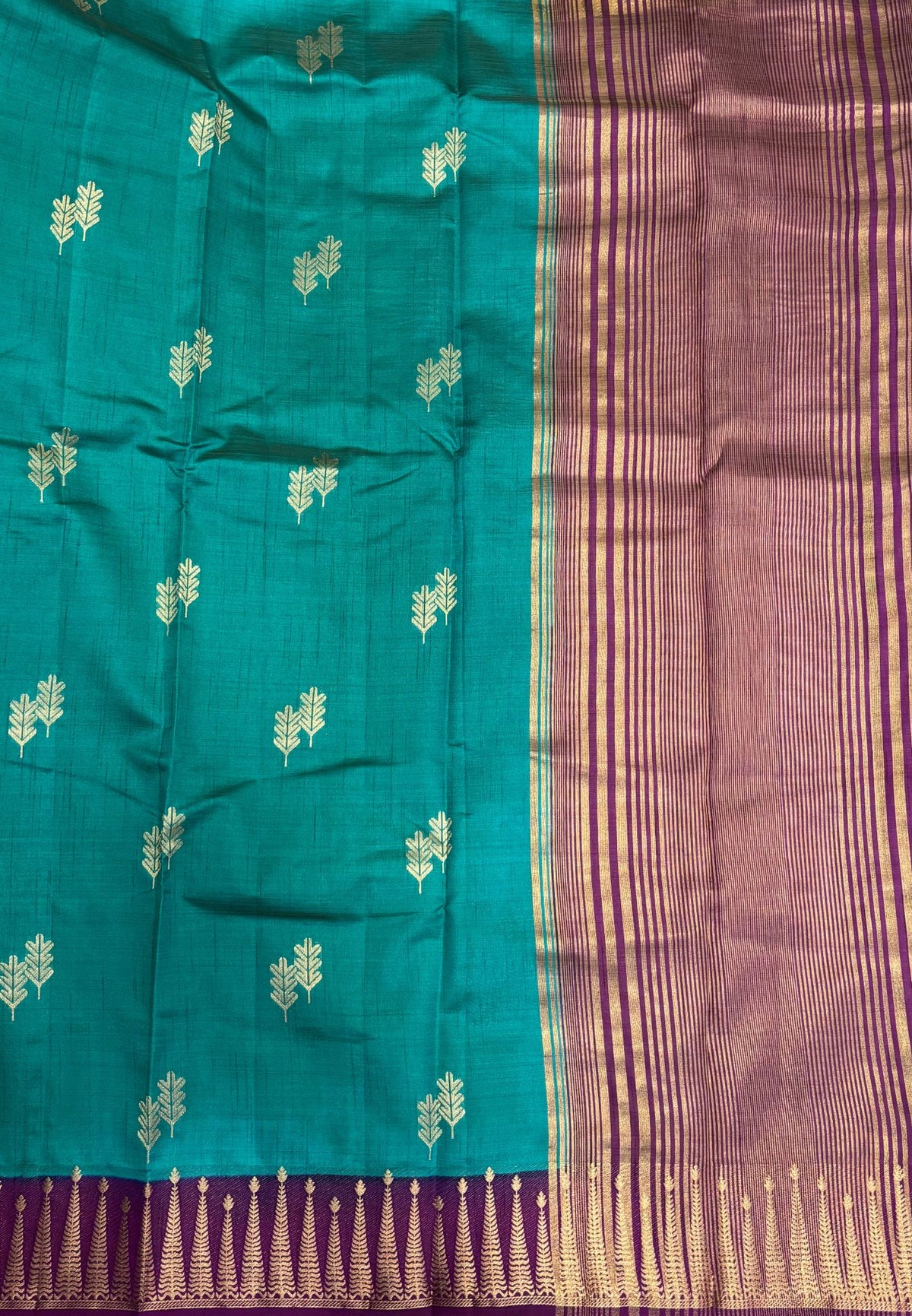 Semi Tussar Saree-Ramar Green in Traditional Striped Zari with Contrast Border