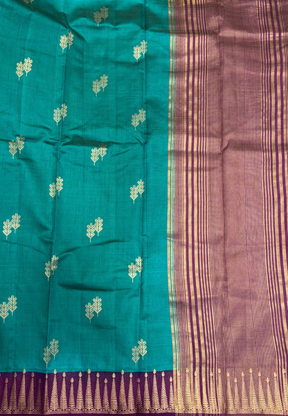 Semi Tussar Saree-Ramar Green in Traditional Striped Zari with Contrast Border