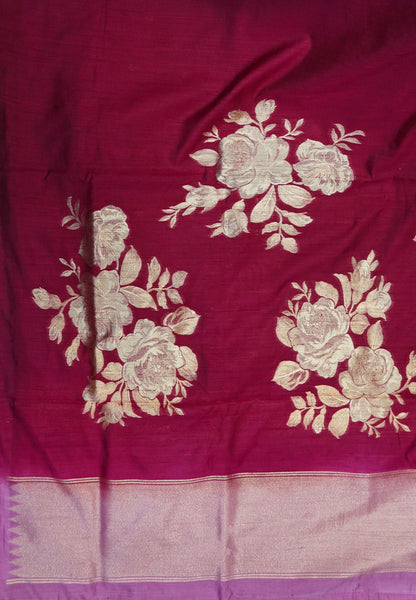 Semi Tussar Saree with Rose Floral Zari Weaving-Maroon