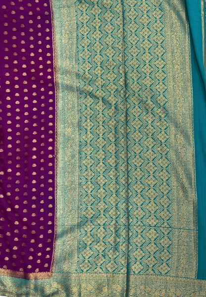 Banarasi Georgette Saree-Purple with Leaf Butta and Contrast Border