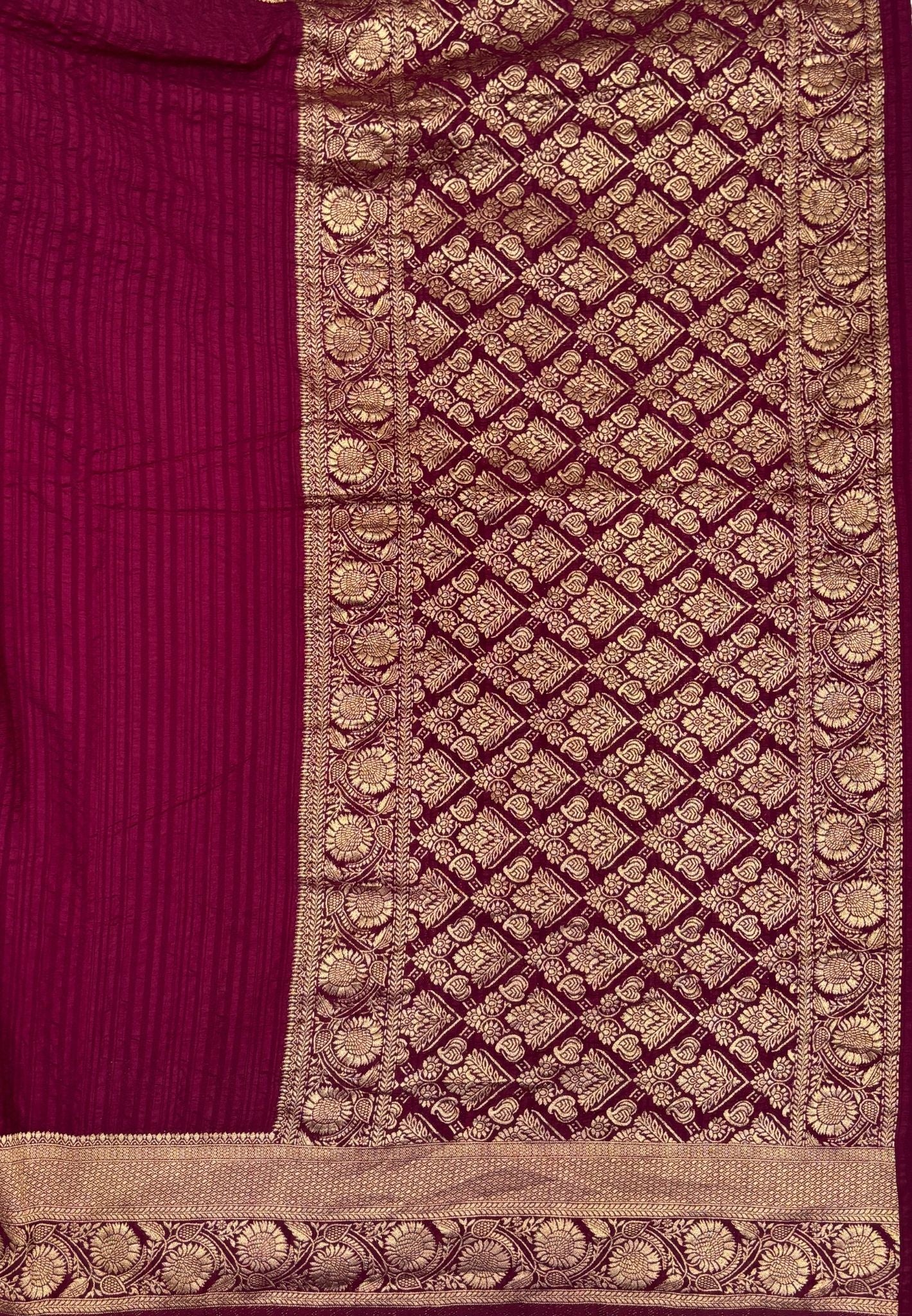 Banarasi Georgette Saree-Wine In Floral Jaal Zari Border