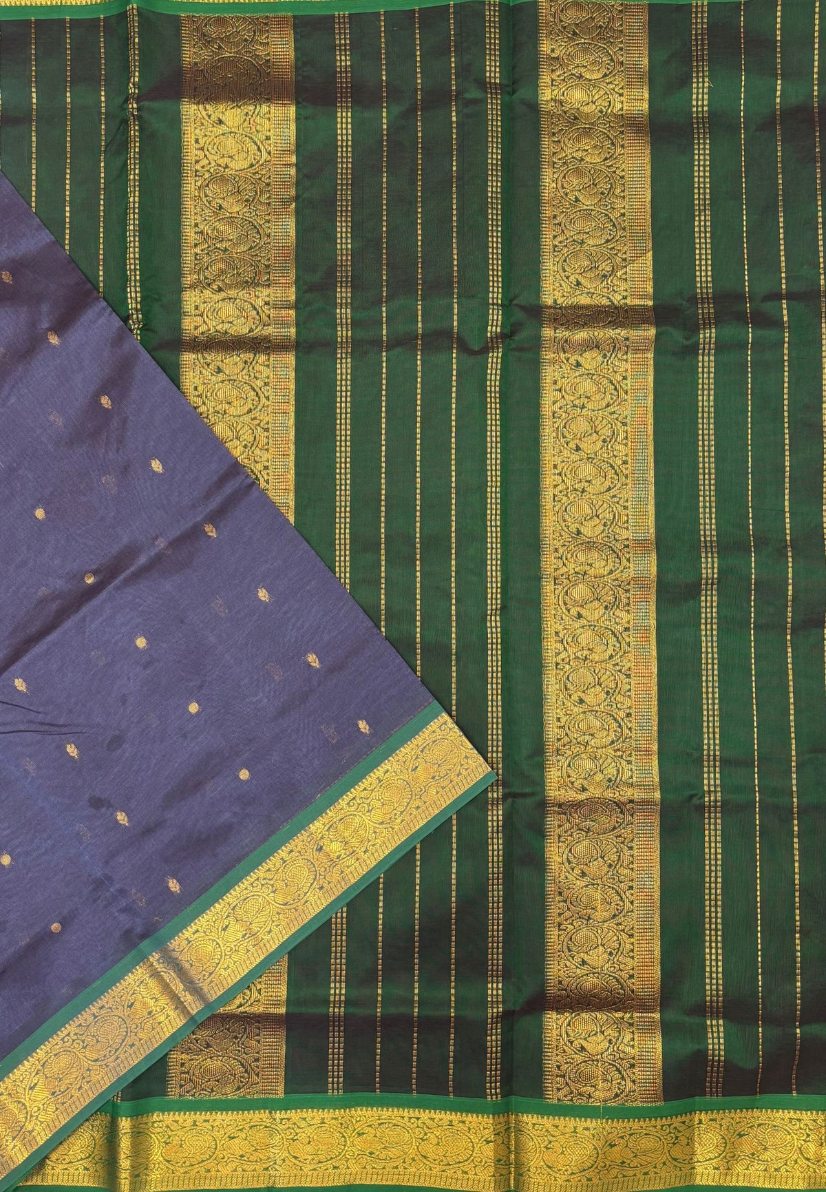 Silk Cotton Saree–Slate Blue-Green in Mini Buttas with Contrast Border
