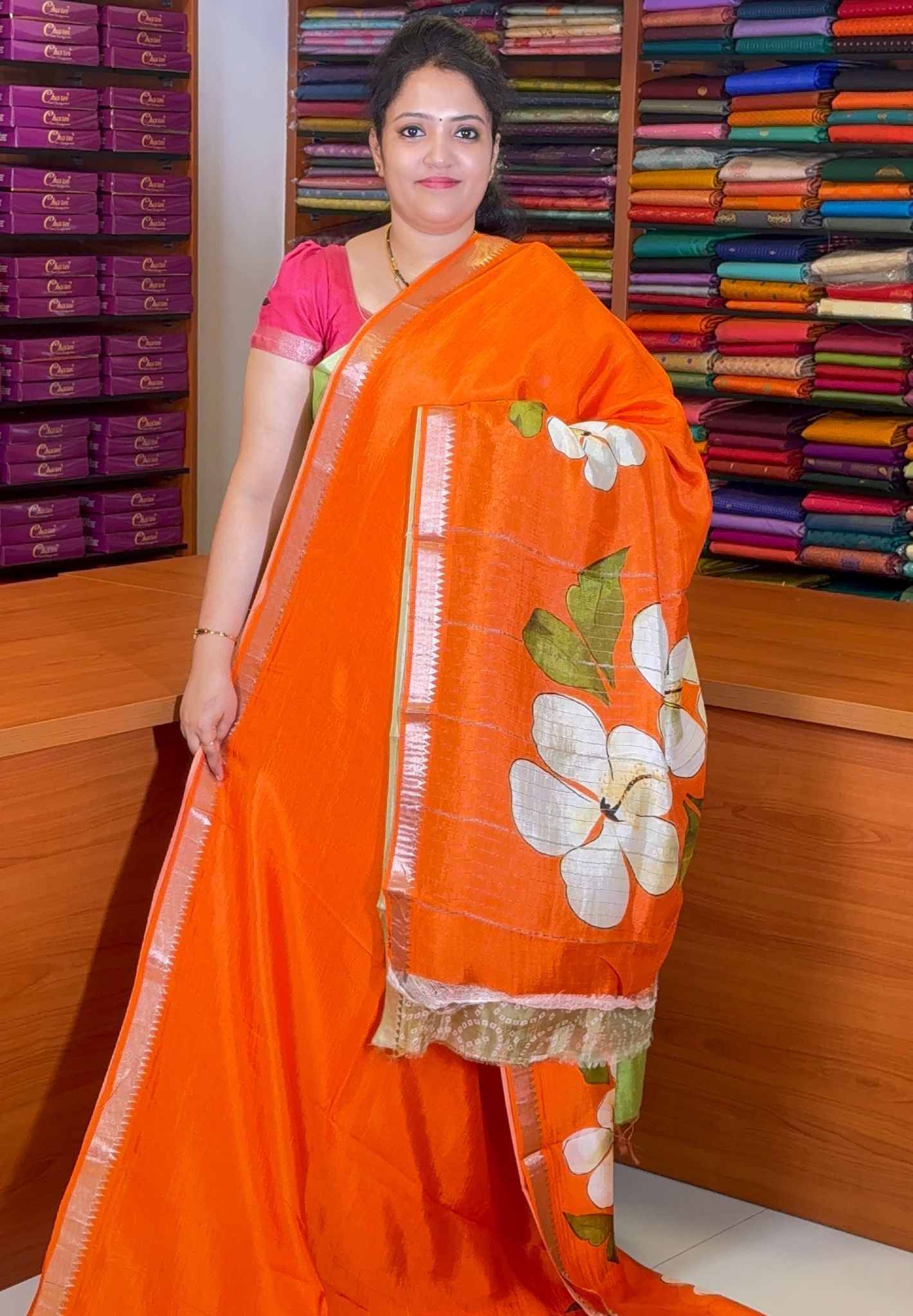 Pure Mangalgiri Silk Saree-Orange in Floral Print with Small Border