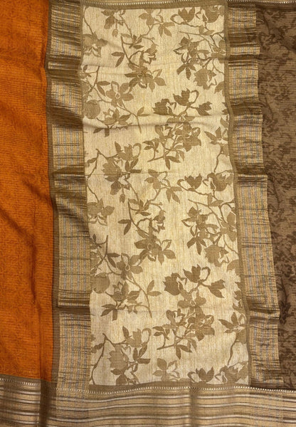 Muslin Tussar Saree-Orange In Floral Vine Border