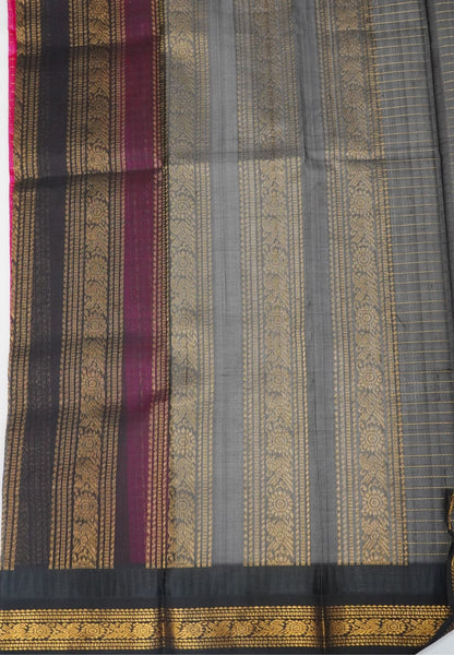 Pure Silk Cotton Saree-Rani Pink in Golden Zari Checks with Contrast Border