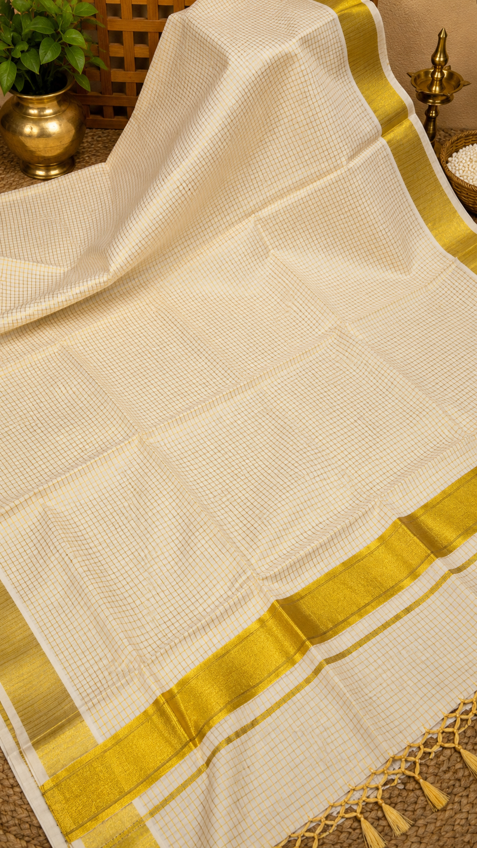 Cotton Saree – Off White with Micro Checks and Golden Kasavu Border