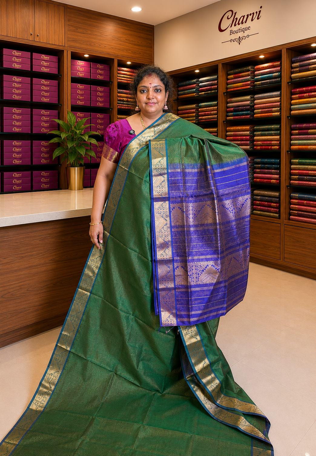 Pure Silk Cotton Saree-Green with Contrast Border in Vairaoosi Pattern