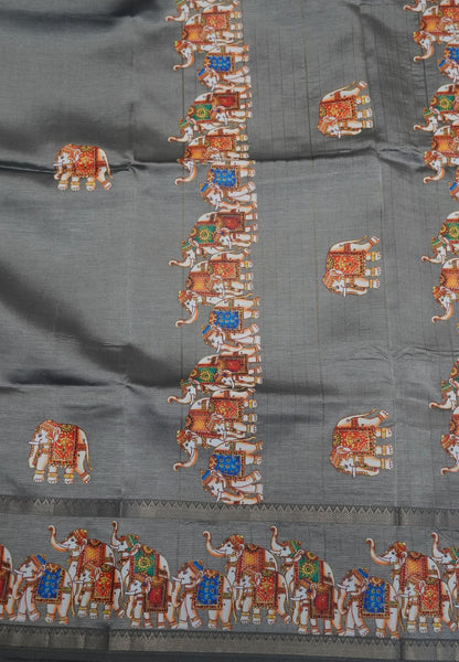 Pure Mangalgiri Silk Saree-Grey in Tanjore Print with Retapet Border