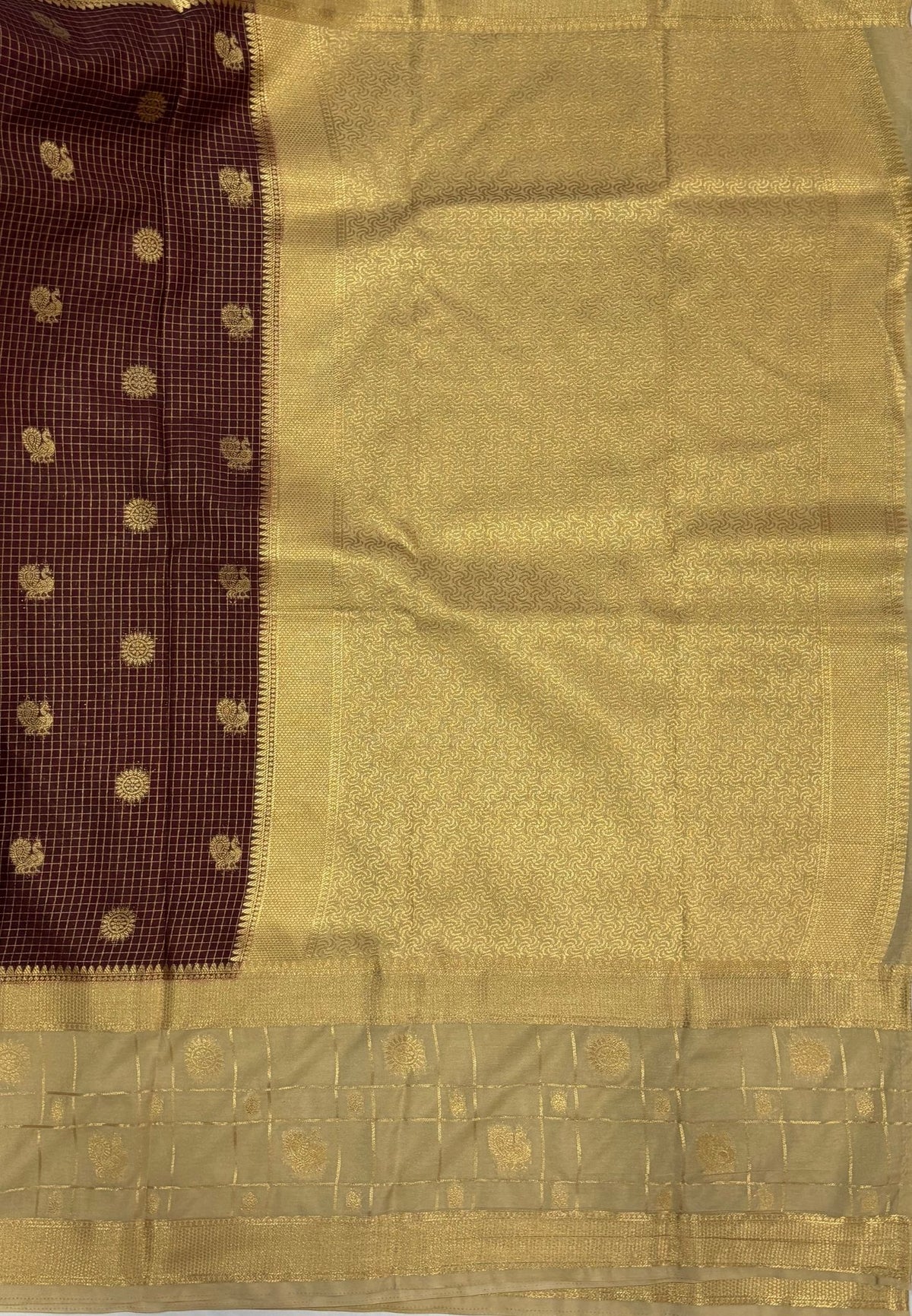 Art Mysore Silk Saree-Brown in Checkered Pattern with Contrast Border