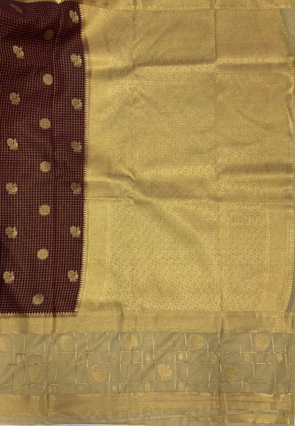 Art Mysore Silk Saree-Brown in Checkered Pattern with Contrast Border