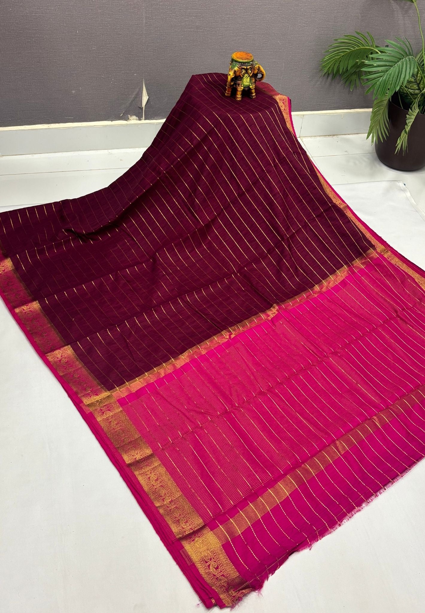 Semi Raw Silk Saree-Wine in Zari Lines with Contrast Annam Border