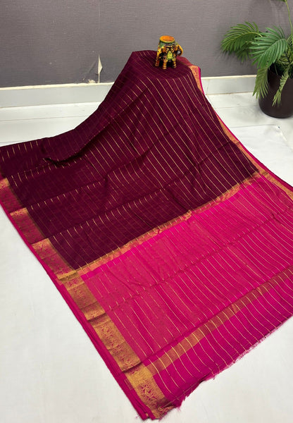 Semi Raw Silk Saree-Wine in Zari Lines with Contrast Annam Border