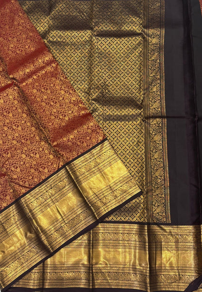 Pure Kanchipuram Silk Saree-Traditional Brown  Gold Zari Panel Border with Contrast Border