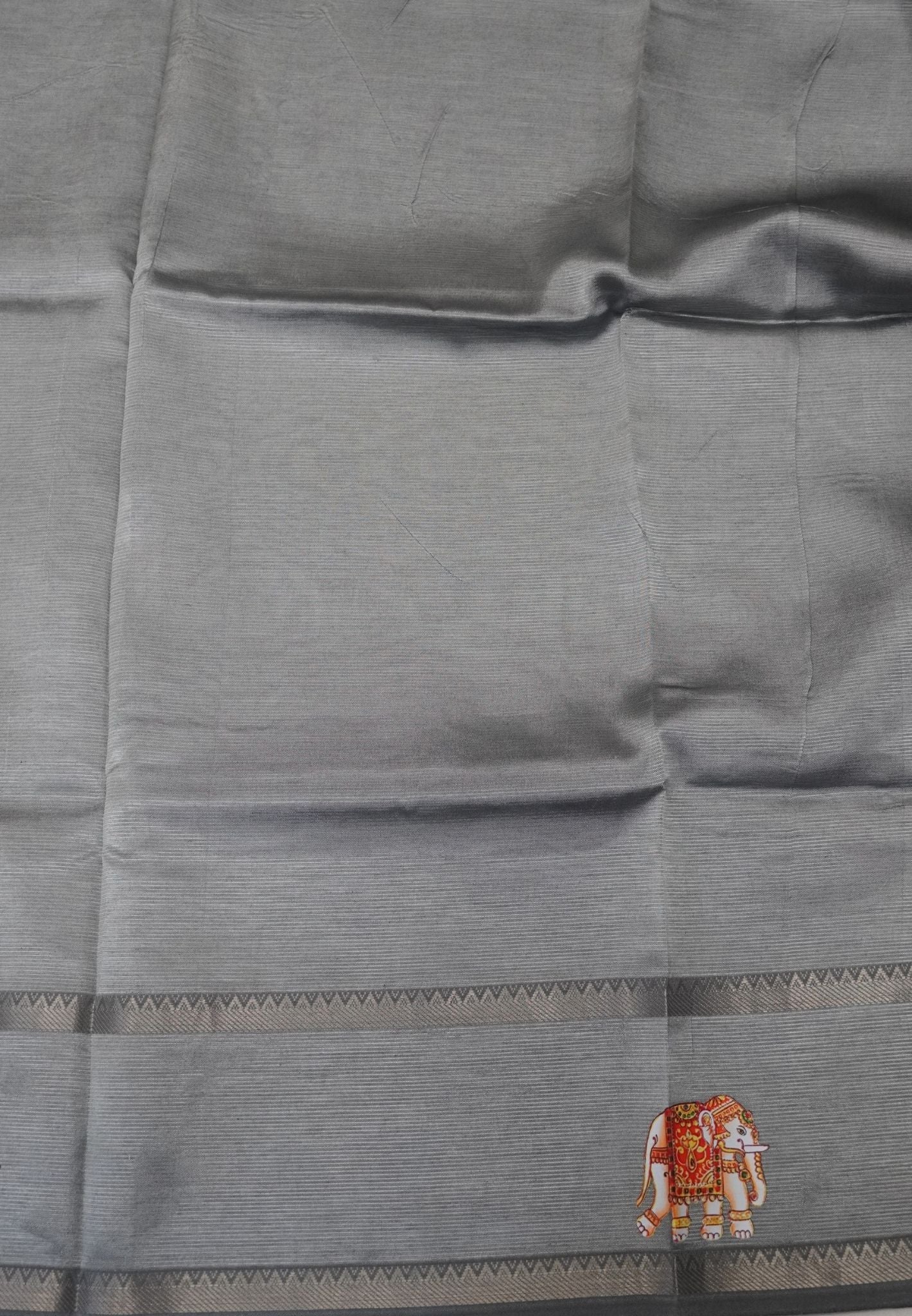 Pure Mangalgiri Silk Saree-Grey in Tanjore Print with Retapet Border