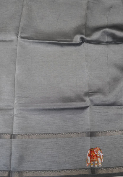 Pure Mangalgiri Silk Saree-Grey in Tanjore Print with Retapet Border