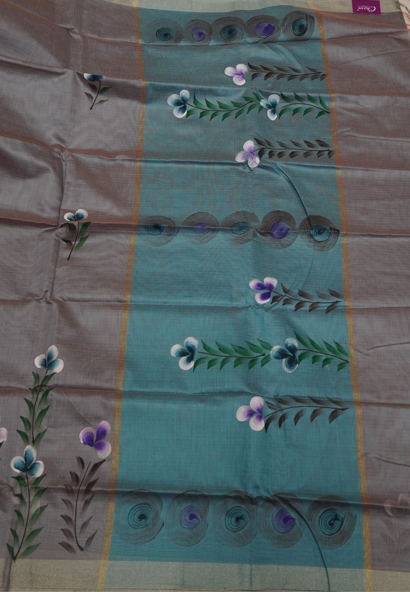 Cora Linen Saree-Grey with Hand Painted Floral Motifs