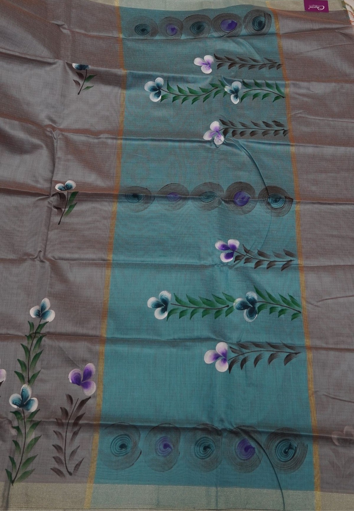 Cora Linen Saree-Grey with Hand Painted Floral Motifs