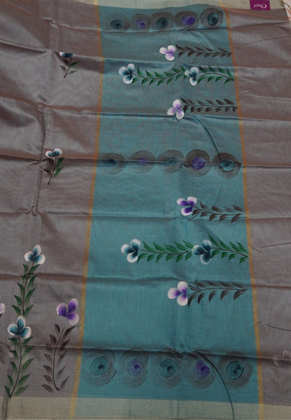 Cora Linen Saree-Grey with Hand Painted Floral Motifs