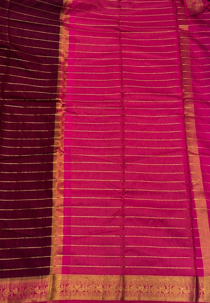 Semi Raw Silk Saree-Wine in Zari Lines with Contrast Annam Border