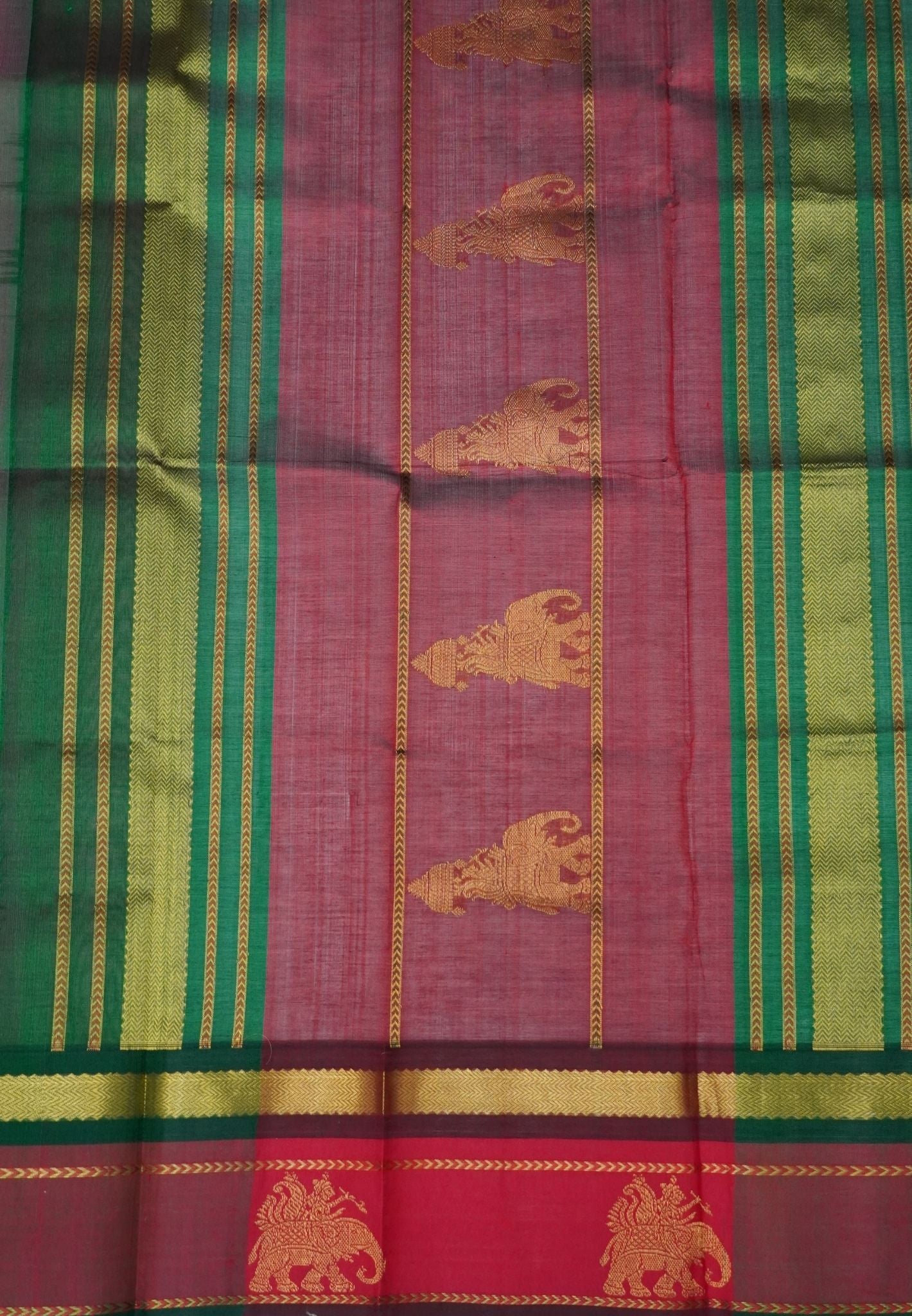 Pure Silk Cotton Saree – Pink with Green Traditional Yali Border