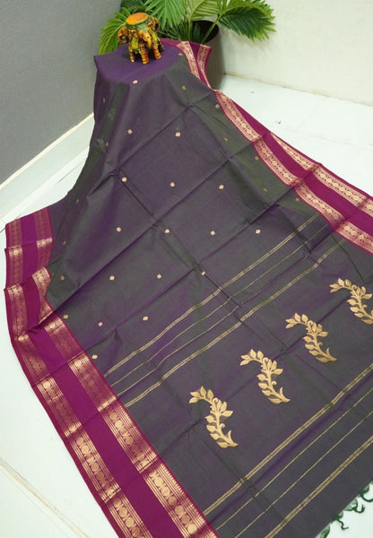 Kanchi Cotton Saree-Greenish Purple With Rudraksh Border