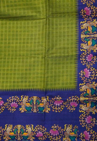 Premium Matka Tussar Saree-Olive Green with Contrast Border in Tanjore Print