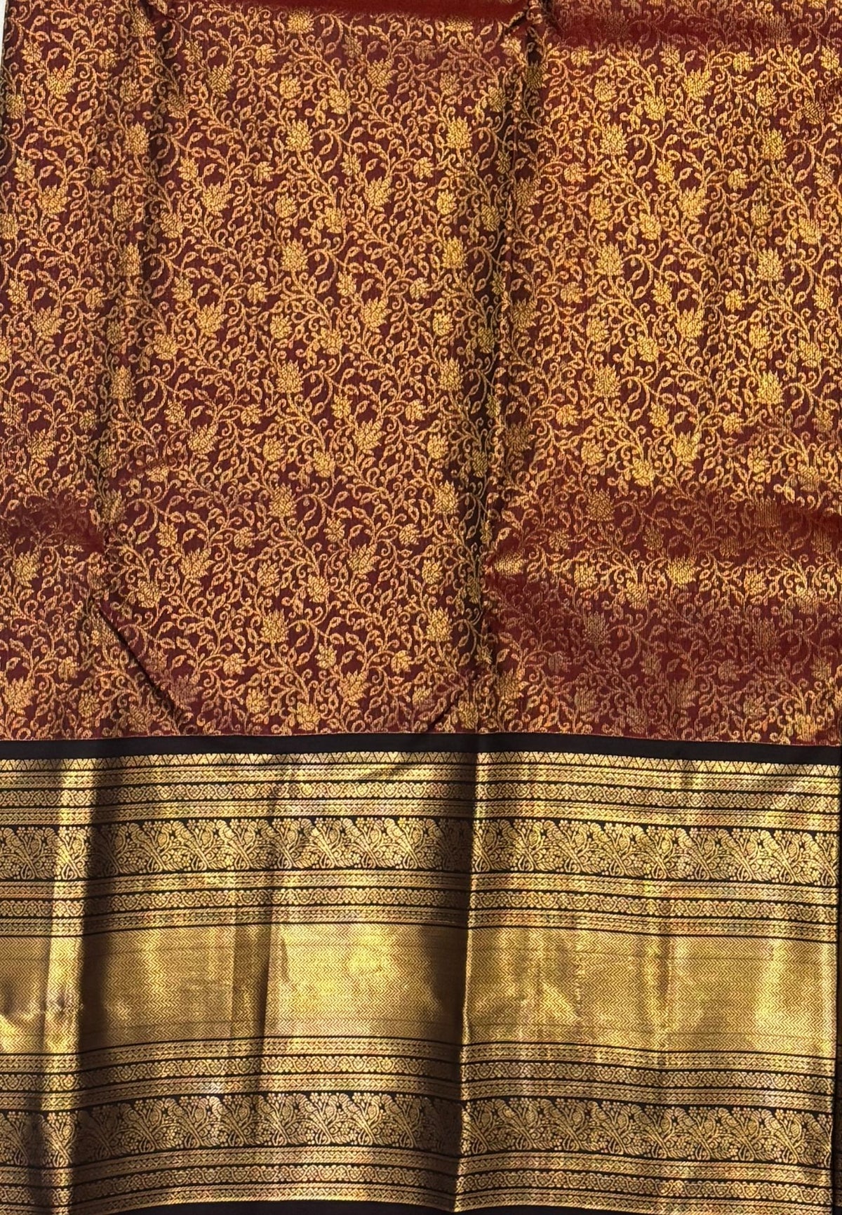 Pure Kanchipuram Silk Saree-Traditional Brown  Gold Zari Panel Border with Contrast Border