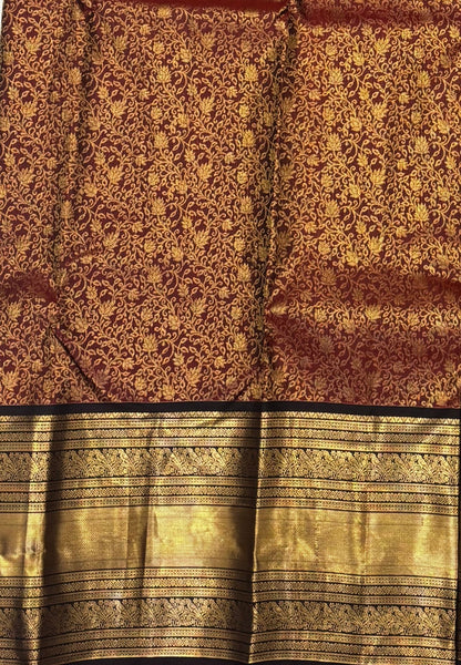 Pure Kanchipuram Silk Saree-Traditional Brown  Gold Zari Panel Border with Contrast Border