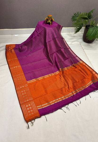 Raw Silk Saree-Magenta in 1000 Butta with Contrast Zari Border