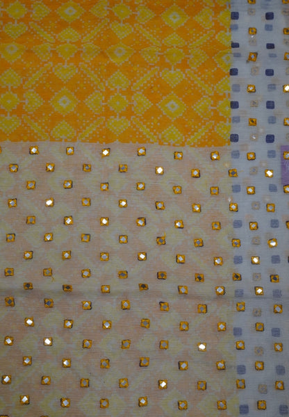 Supernet Kota Cotton Saree-Yellow with Mirror Work