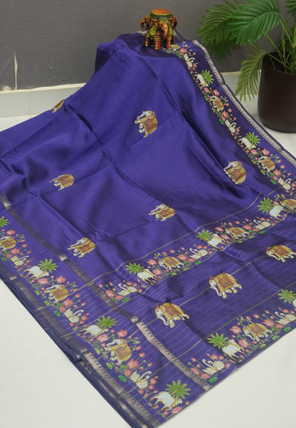 Pure Mangalgiri Silk Saree-Light Violet in Tanjore Print with Retapet Border