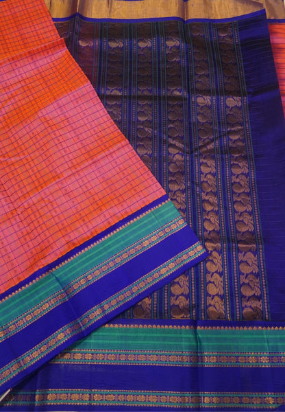 Pure Silk Cotton Saree-Mittai Pink-Blue with Floral Zari Contrast Border